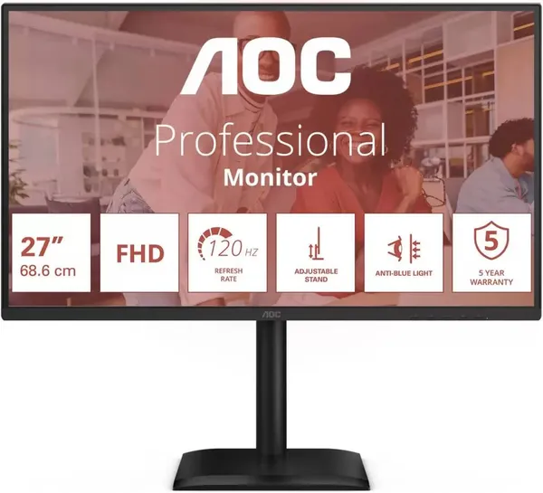 Монитор 27" AOC 27E4U, 1920x1080, IPS, 120Hz, Speakers (HDMI, DP, VGA)