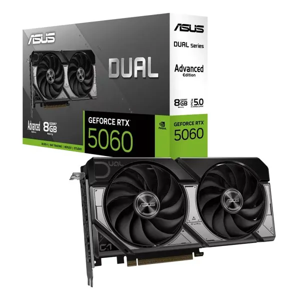 Видеокарта GeForce RTX 5060, 8Gb GDDR7 128bit, Asus Dual RTX 5060 8Gb OC Edition Advanced DUAL-RTX5060-O8G-A, RTL