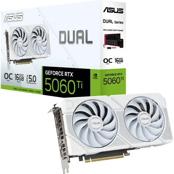 Видеокарта GeForce RTX 5060 Ti, 16Gb GDDR7 128bit, Asus Dual RTX 5060 Ti WHITE OC Edition DUAL-RTX5060TI-O16G-WHITE, RTL