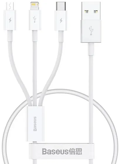 Кабель USB2.0 (M) - microUSB2.0 + Lightning + USB2.0 Type-C (M), 0.5м, Baseus P10320105221-01, White
