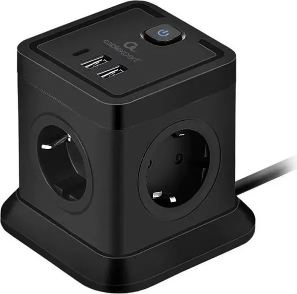 Сетевой фильтр 2м 4 розетки Cablexpert Tower TWR-4-CU2-B-2, 1xType-C, 2xUSB, черный