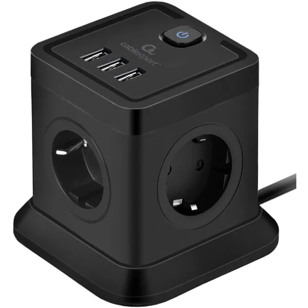 Сетевой фильтр 3м 4 розеток Cablexpert TWR-4-U3-B-3, черный