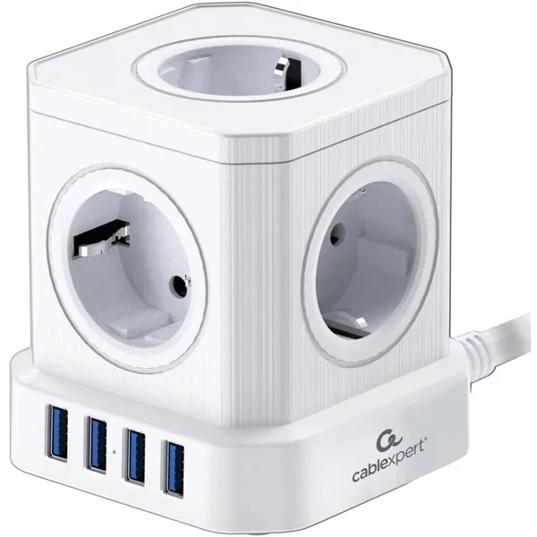 Сетевой фильтр 3м 5 розетки Cablexpert Tower TWR-5-U4-W-3, 4xUSB, белый
