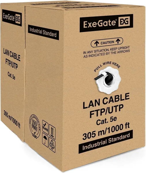 FTP кабель бухта 305м cat.5e ExeGate FUTP4-C5e-CU-S24-OUT-PE-BK-305 EX256750RUS, черный