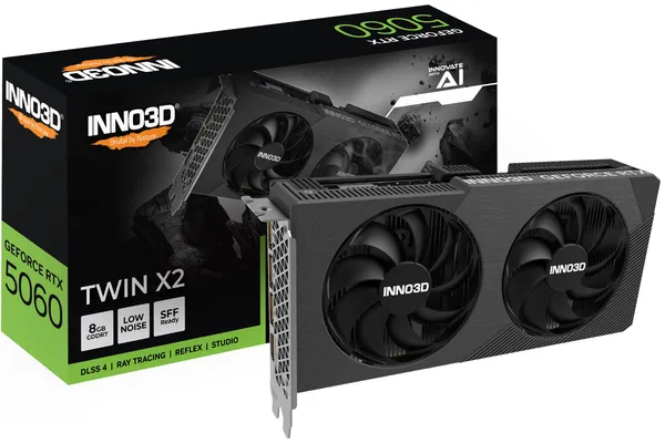 Видеокарта GeForce RTX 5060, 8Gb GDDR7 128bit, INNO3D RTX 5060 8Gb Twin X2 V2 N50602-08D7-198072N, RTL