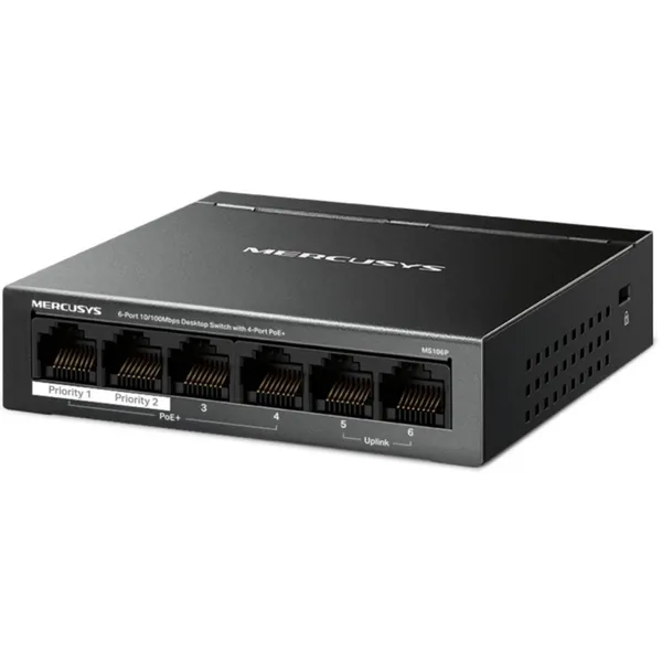 Коммутатор Mercusys MS106P, 4xLAN 100Mbps, 2xUplink 100Mbps, PoE