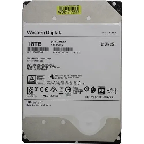 18Tb WD Ultrastar DC HC550 WUH721818AL5204 (0F38353), 7200rpm, 3.5", SAS, 512Mb