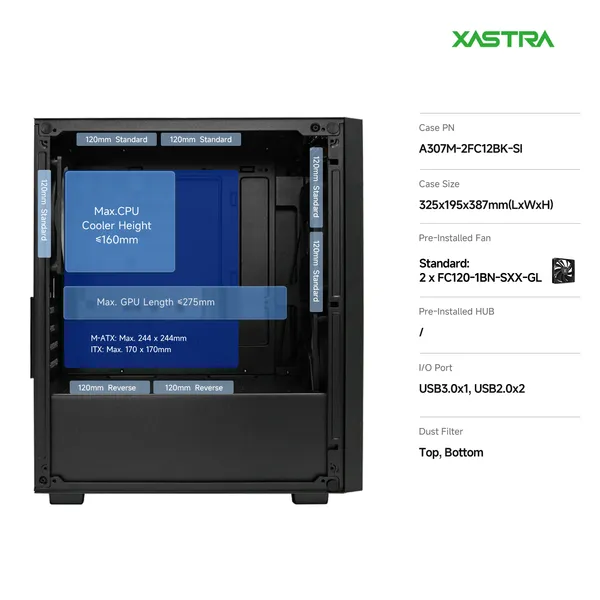 Корпус XASTRA A307M 2BK SI Black (A307M-2FC12BK-SI), без БП, mATX