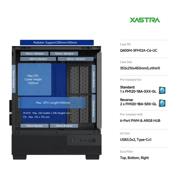 Корпус XASTRA Q400M 3ARGB-C6-UC Black (Q400M-3FM12A-C6-UC), без БП, mATX