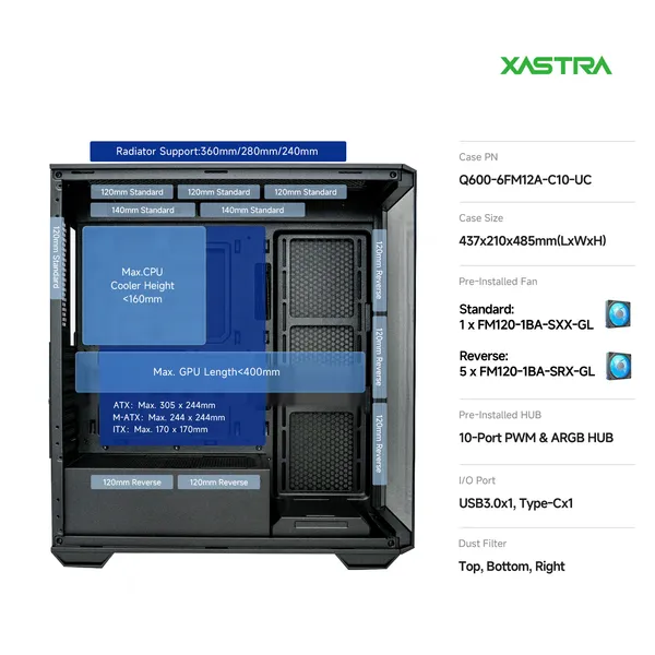 Корпус XASTRA Q600 6ARGB-C10-UC Black (Q600-6FM12A-C10-UC), без БП, ATX