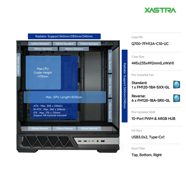 Корпус XASTRA Q700 7ARGB Black (Q700-7FM12A-C10-UC), без БП, ATX